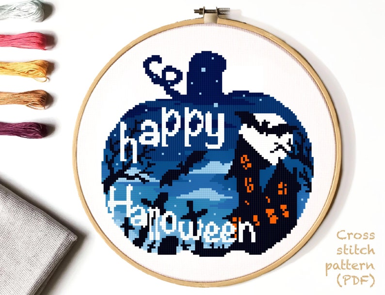 Halloween Modern Cross Stitch Pattern, castle cross stitch chart, pumpkin ,nature, round, embroidery, INSTANT DOWNLOAD PDF image 1