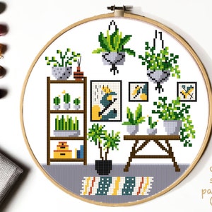 Patrón de punto de cruz moderno de plantas, Gráfico de punto de cruz contado de flores, Botánico, Naturaleza, Aro, Descarga instantánea PDF