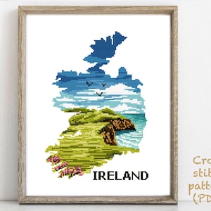 Modèle de point de croix moderne Irlande, pays, grille de point de croix compté facile nature, bord de l'océan, paysage, téléchargement immédiat PDF