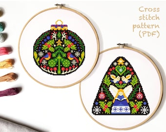 Christmas decor Modern Cross Stitch Pattern, easy cross stitch chart, nature cross stitch, angel, tree, Instant download PDF