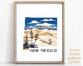 New Mexico  state  Modern Cross Stitch Pattern, nature counted cross stitch chart, Whit Sands national park, mountains, instant PDF