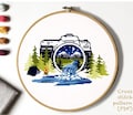 Landscape Modern Cross Stitch Pattern, camera, night sky, nature counted cross stitch chart, mountain, forest, instant download PDF