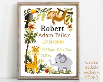 Birth announcement modern cross stitch pattern, baby, personalized, boy girl nursery decor, counted, chart, gift DIY, digital PDF