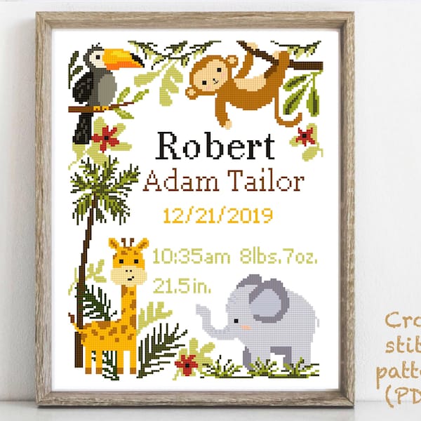 Birth announcement modern cross stitch pattern, baby, personalized, boy girl nursery decor, counted, chart, gift DIY, digital PDF