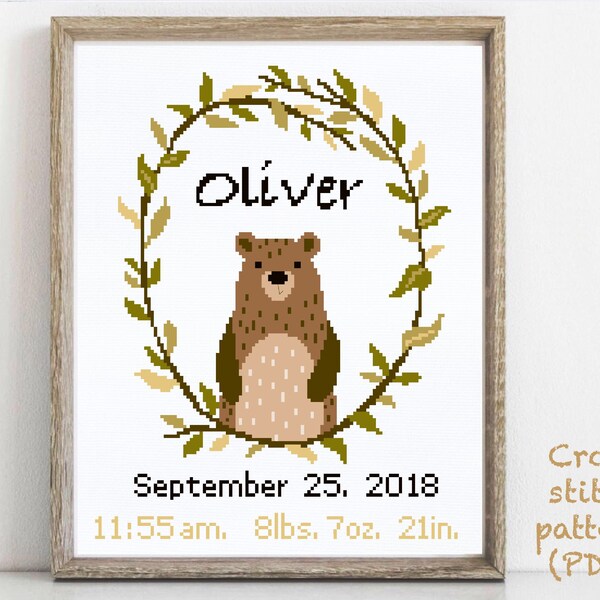 Baby birth announcement modern cross stitch pattern, boy girl nursery decor counted cross stitch chart, baby shower gift DIY, digital PDF