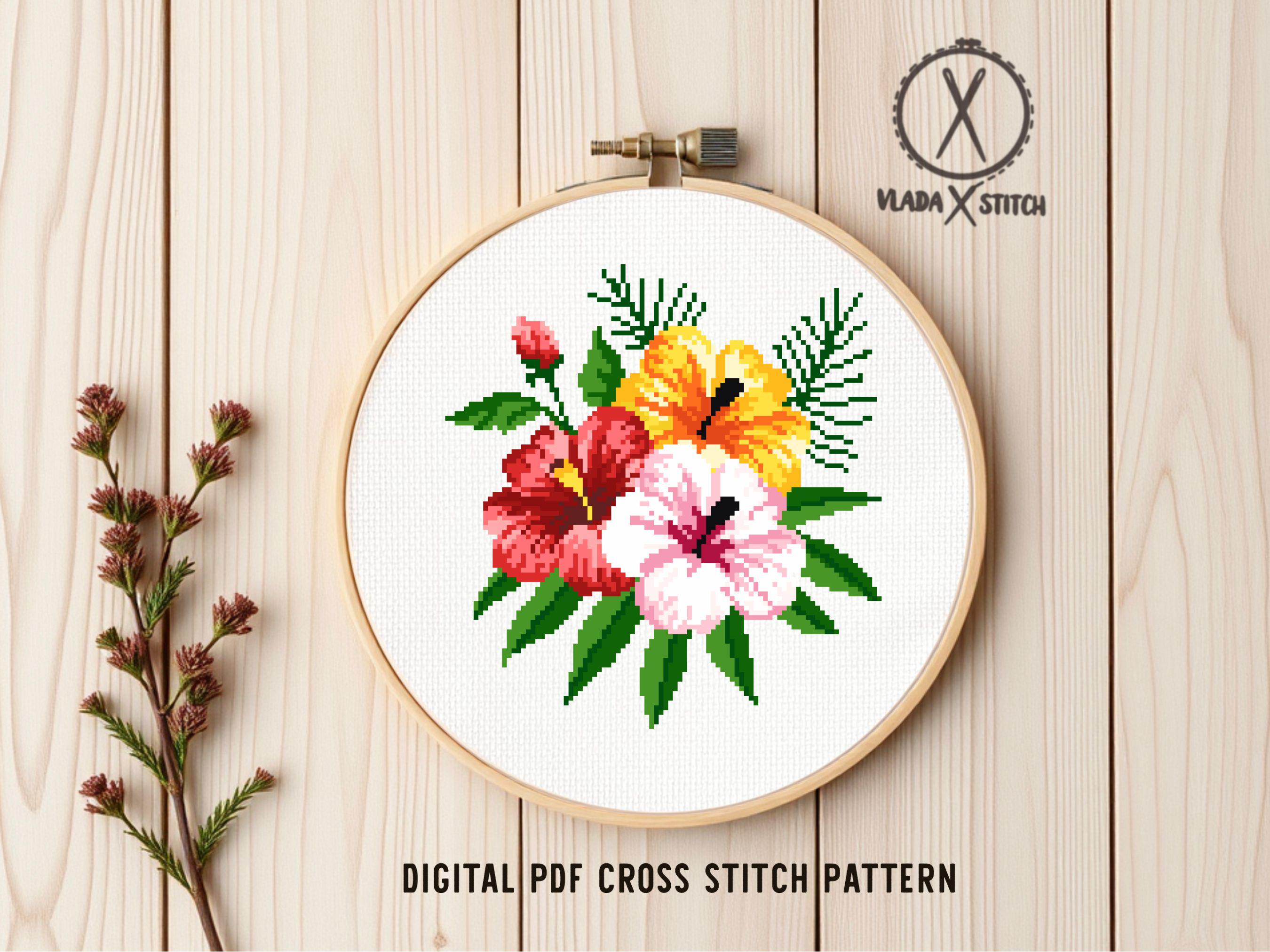 Tropical Flowers Modern Cross Stitch Pattern, Floral Cross Stitch