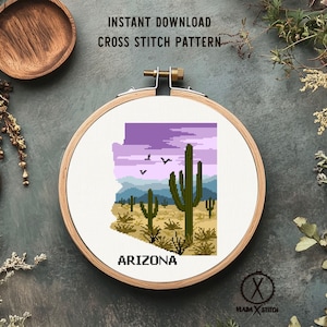 Arizona state Modern Cross Stitch Pattern, nature, Saguaro national park, cactus, mountains,  instant PDF