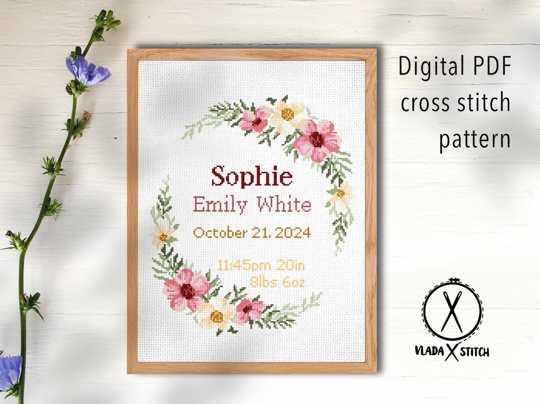 Birth Announcement Modern Cross Stitch Pattern, Baby, Personalized, Boy