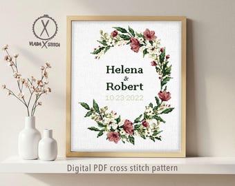 Schema punto croce per matrimonio personalizzato, ghirlanda floreale, nomi e data personalizzati (schema PDF)