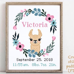 Baby birth announcement modern cross stitch pattern cute llama, boy girl nursery decor cross stitch chart, baby shower gift DIY, digital PDF