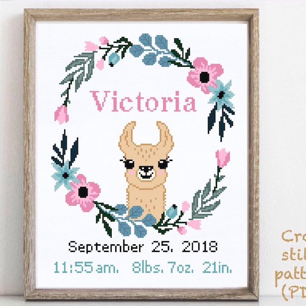 Anuncio de nacimiento de bebé patrón de punto de cruz moderno llama linda, decoración de guardería niño niña tabla de punto de cruz, regalo de baby shower DIY, PDF digital