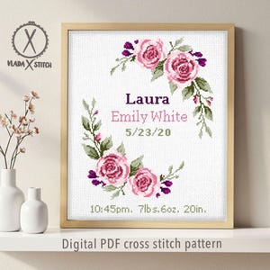 Modern Birth Announcement Cross Stitch Pattern, Floral Baby Nursery Decor (Digital PDF)
