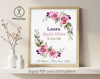 Modern Birth Announcement Cross Stitch Pattern, Floral Baby Nursery Decor (Digital PDF)