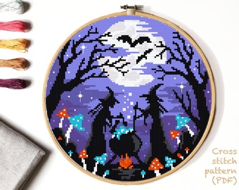 Halloween  Modern Cross Stitch Pattern, witches cross stitch chart, landscape, nature, round, embroidery, INSTANT DOWNLOAD PDF