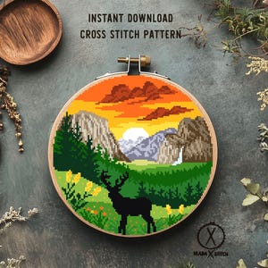 Yosemite  national park Modern Cross Stitch Pattern, nature, landscape, deer, mountains, forest, instant PDF