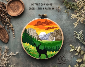 Yosemite  national park Modern Cross Stitch Pattern, landscape, deer, mountains, forest, instant PDF