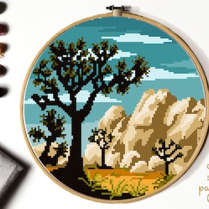 Joshua Tree Nationalpark Modernes Kreuzstichmuster, Natur Kreuzstichvorlage, Landschaft, Berge, sofort PDF