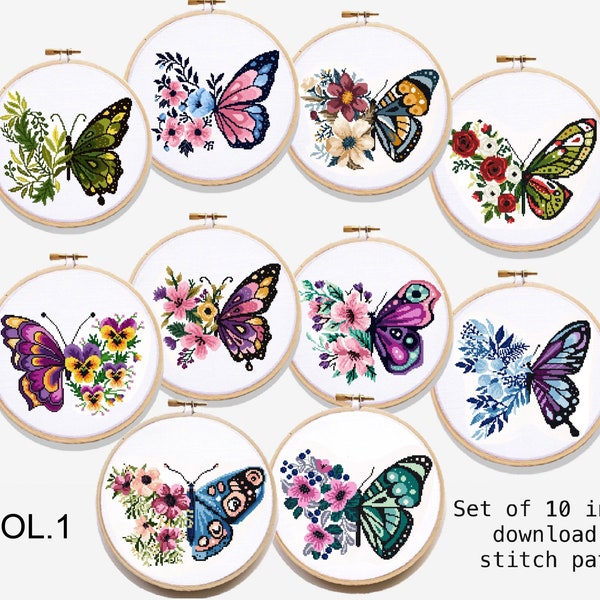 Set Butterflies Floral Modern Cross Stitch Pattern, flower, insect cross stitch chart, botanical, nature, hoop, Instant download PDF