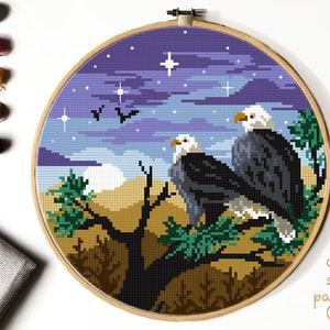 Weißkopfseeadler Modernes Kreuzstichmuster, Natur einfaches Kreuzstichmuster, Vögel, Sternenhimmel, Wald, Berge, sofort download PDF