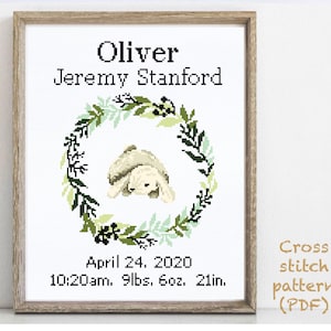 Birth announcement modern cross stitch pattern, baby, personalized, boy girl nursery decor, counted, chart, gift DIY, digital PDF