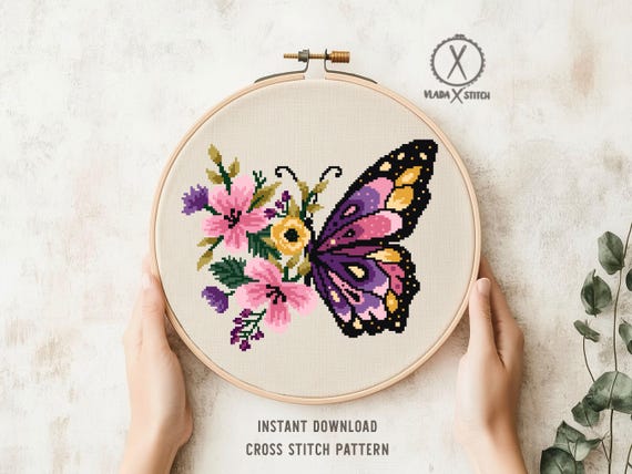 蝶の花の刺繍デザイン、簡単モダンなクロスステッチ、DIYホーム
