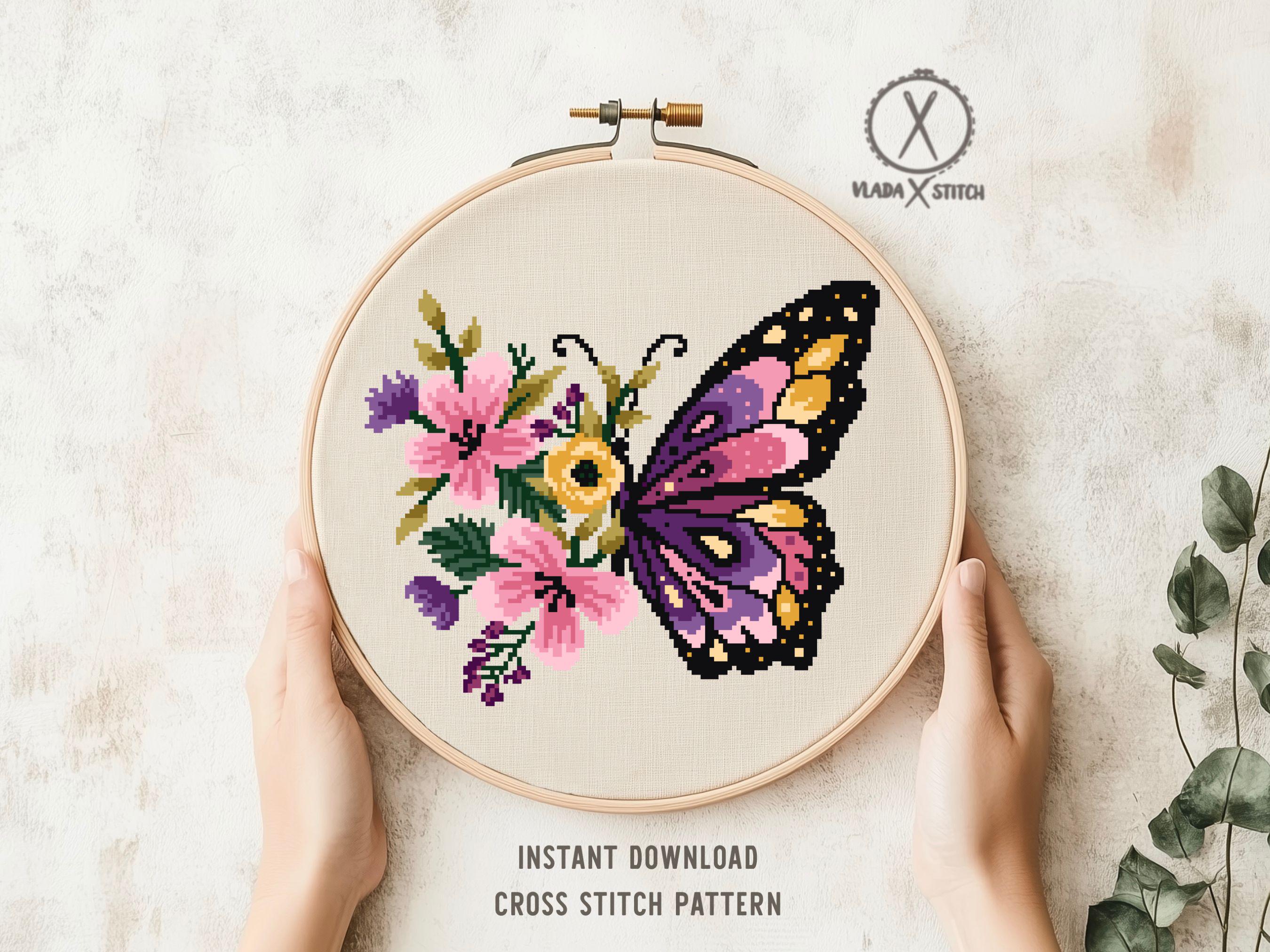 蝶の花の刺繍デザイン、簡単モダンなクロスステッチ、DIYホーム