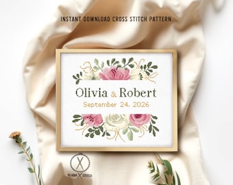 Schema per punto croce per matrimonio, ghirlanda floreale personalizzata, anniversario, regalo di nozze fai da te, PDF digitale