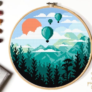 Landscape Modern Cross Stitch Pattern, nature counted cross stitch chart, mountain, forest, round, embroidery, INSTANT DOWNLOAD PDF