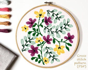 Floral Cross Stitch Pattern, flower  cross stitch chart, hoop embroidery, nature cross stitch, Instant download PDF