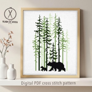 Bear  Modern Cross Stitch Pattern, landscape, nature easy counted chart, animals, forest, hoop art, instant download PDF