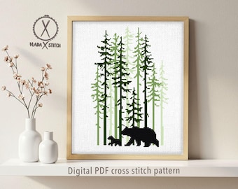 Bear Forest Landscape Cross Stitch Pattern (PDF Download)