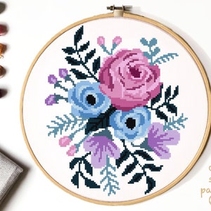 Floral Modern Cross Stitch Pattern, flower counted cross stitch chart, nature,  hoop embroidery, Instant download PDF