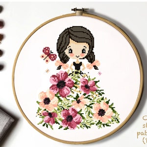 Floral girl Modern Cross Stitch Pattern, flowers counted cross stitch chart, nature, hoop, Instant download PDF
