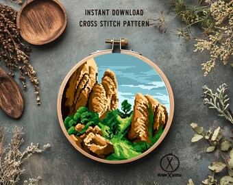 Adventure Awaits Cross Stitch Pattern, Mountains, Forest, Nature