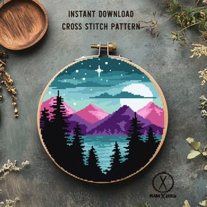 Mountain Lake Cross Stitch Pattern, Starry Sky Landscape (INSTANT DOWNLOAD PDF)