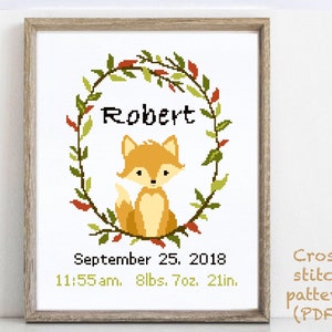 Birth announcement modern cross stitch pattern, Fox,  baby, personalized, boy girl nursery decor, counted, chart, gift DIY, digital PDF