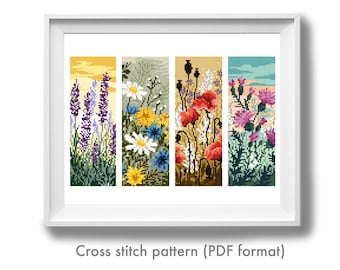 Set of 4 bookmarks Modern Cross Stitch Pattern, flowers, instant download PDF