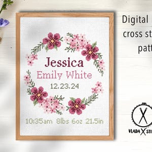 Anúncio de nascimento moderno padrão de ponto cruz, bebê, personalizado, decoração de berçário menino menina, contado, gráfico, presente DIY, PDF digital