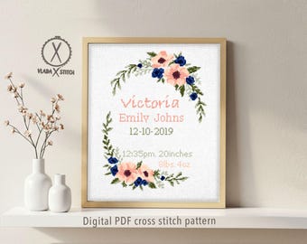 Birth Announcement Cross Stitch Pattern, Floral Wreath, Personalized Baby Stats (PDF Pattern)