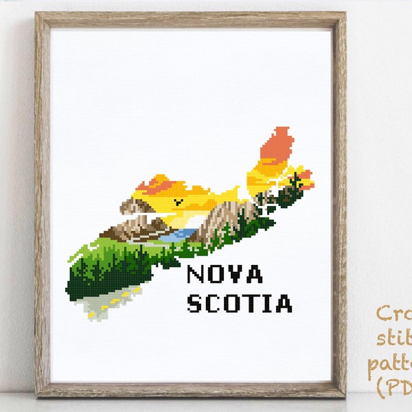 Nova Scotia province Canada Modern Cross Stitch Pattern, Cape Breton Highlands National Park, Cabot Trail, nature, sea, forest, instant PDF