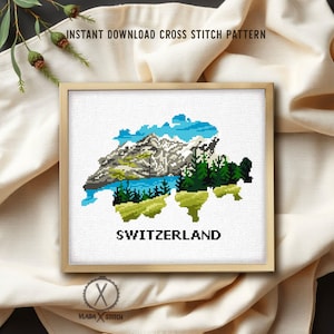 Patrón de punto de cruz moderno de silueta suiza, montañas, descarga instantánea en PDF