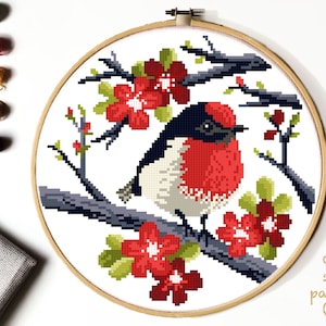 Bird Modern Cross Stitch Pattern, easy counted cross stitch, floral, flowers, animal cross stitch, nature, hoop art, instant download PDF