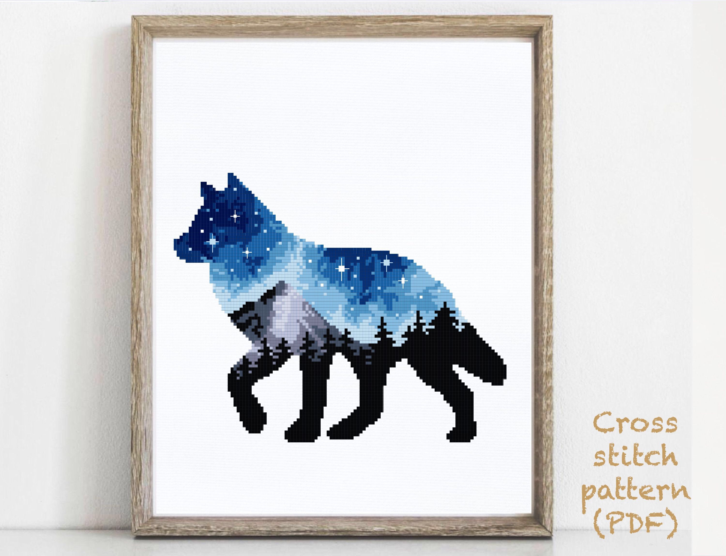 JWPSHIJIE Kreuzstich-Set "Wolf Auf Berggipfel" – 40x50 Cm, Vorgedruckt Auf 11CT Stoff, Inkl. Garn & Nadel
