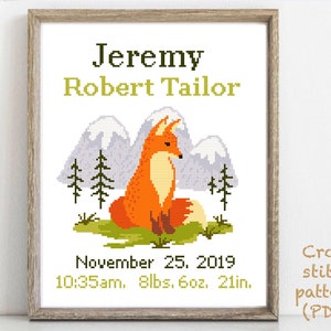 Birth announcement modern cross stitch pattern, baby, personalized, boy girl nursery decor,fox,nature, counted, chart, gift DIY, digital PDF