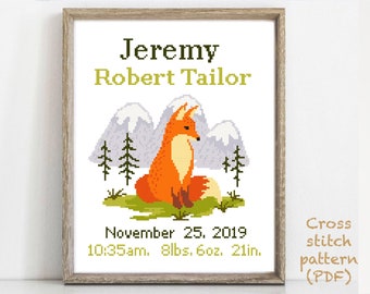 Birth announcement modern cross stitch pattern, baby, personalized, boy girl nursery decor,fox,nature, counted, chart, gift DIY, digital PDF