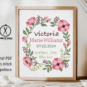 Patrón de punto de cruz moderno para anuncio de nacimiento de bebé, gráfico de punto de cruz contado para decoración de guardería de niño y niña, regalo de baby shower DIY, PDF digital