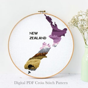 Patrón de punto de cruz moderno Silhouette New Zealand, naturaleza, montañas, descarga instantánea en formato PDF