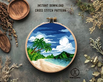 American Samoa National Park Cross Stitch Pattern, Tropical Beach Landscape (PDF Download)