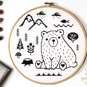 Bear Cross Stitch Pattern, landscape counted cross stitch chart, baby decor, nature cross stitch, hoop art, embroidery, instant PDF
