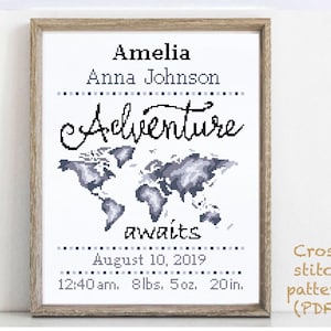 Anúncio de nascimento moderno padrão de ponto cruz, bebê, personalizado, decoração de berçário menino menina, contado, gráfico, presente DIY, PDF digital